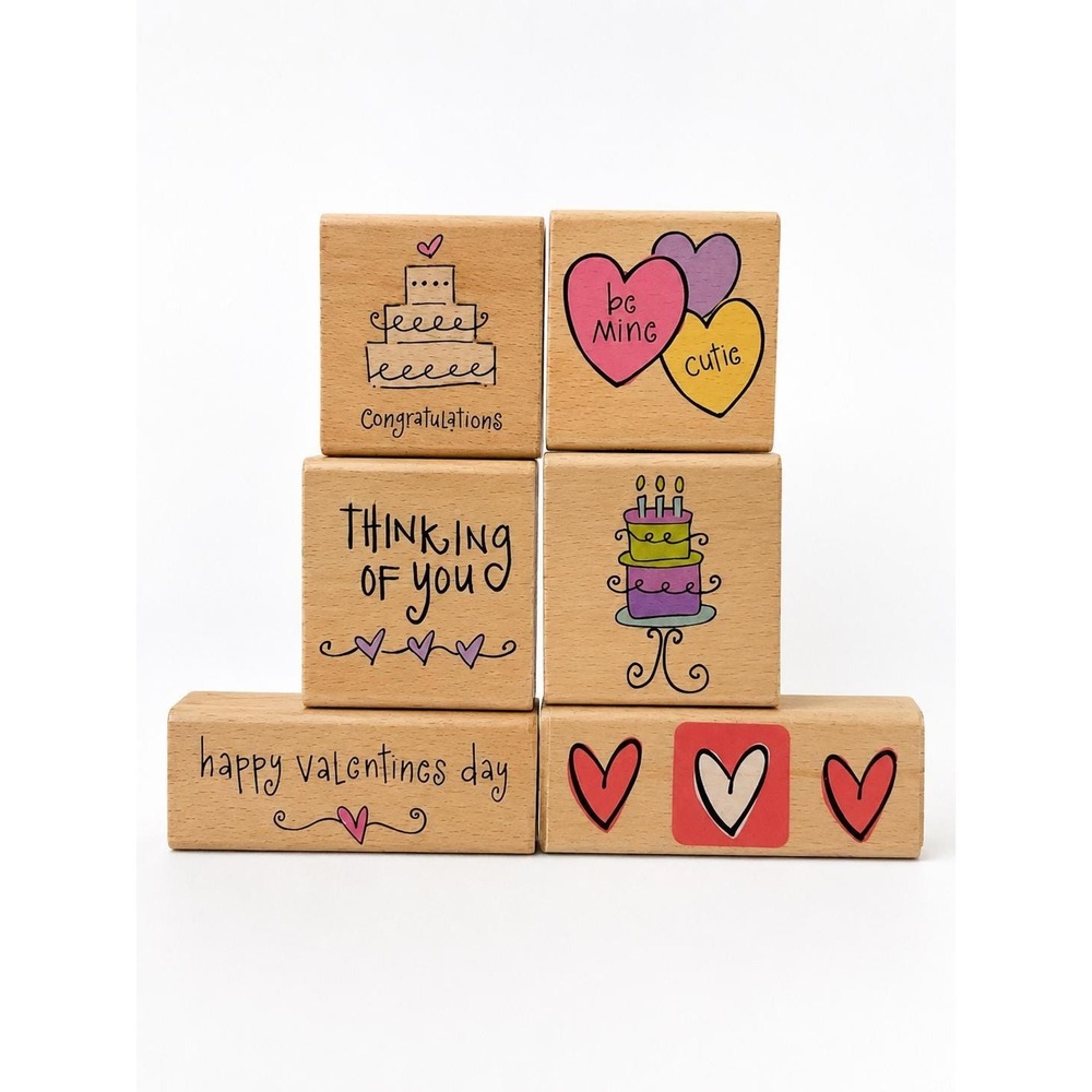 Retired Katie & Co Valentine Rubber Stamp Lot of 6 Wood Mounted Hearts Cake Love